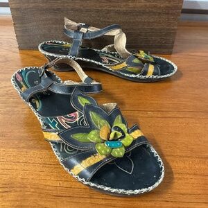 Spring Step Women Poolside Floral Wedge Leather Sandal Size 40EU 9US